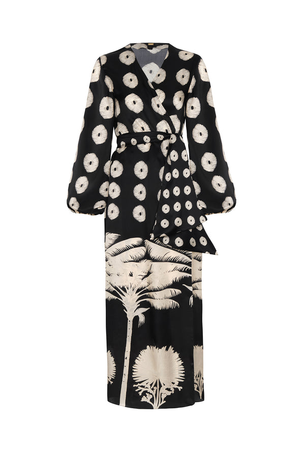 Tertulia Satin Silk Maxi Dress / Black Maxi Palms Cream